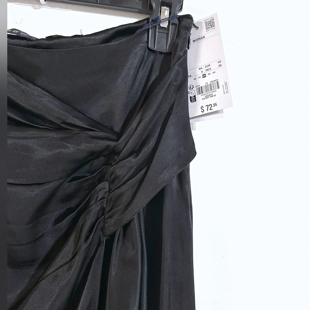 Piombo Silky Satin Faux Wrap Midi Skirt Ruching Front Slit In Black Sz 8 NWT